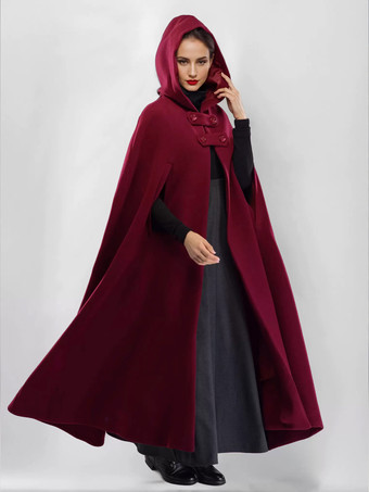 ウール混マキシケープコート フード付き バーガンディ フルレングス ポンチョ オーバーサイズ アウターウェア レディース 2025