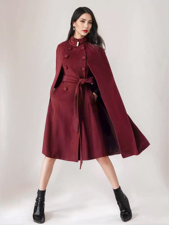 ウールブレンドケープコート レディース スタンドカラー ダークネイビー ベルト付き オーバーサイズ ポンチョ アウターウェア 2025