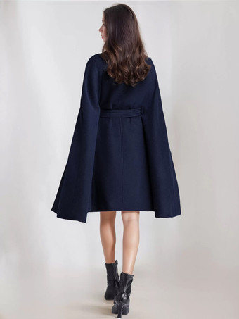 ウールブレンドケープコート レディース スタンドカラー ダークネイビー ベルト付き オーバーサイズ ポンチョ アウターウェア 2025