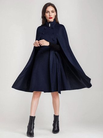 ダークネイビーウールブレンドケープコート レディース スタンドカラー ダークネイビー ベルト付き オーバーサイズ ポンチョ アウターウェア 2025