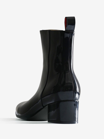 メンズブーツ パテントレザー チャンキーヒール パーティーブーツ ブラック ジッパー ショートブーツ