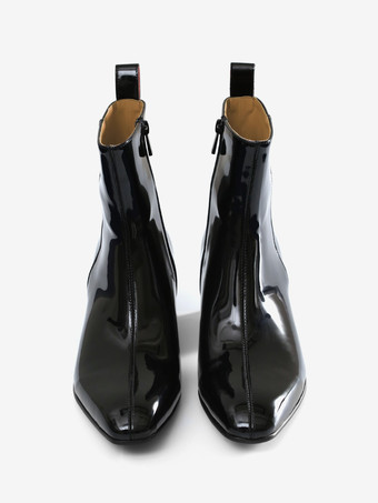 メンズブーツ パテントレザー チャンキーヒール パーティーブーツ ブラック ジッパー ショートブーツ