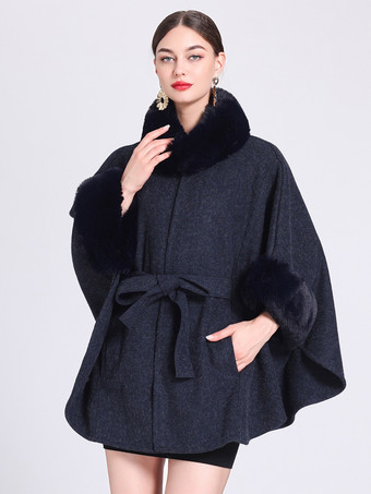 女性ポンチョハイカラーライトグレー特大フェイクファーケープ