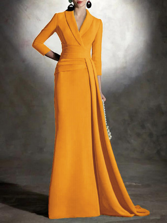 ゴールド ブライダルマザードレス Vネック 3/4丈 袖マーメイド プリーツ マキシレングス ゲストドレス 結婚式用