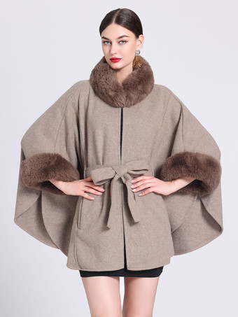 カーキ 女性ポンチョハイカラーライトグレー特大フェイクファーケープ