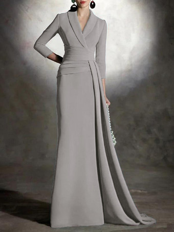 グレイブライダルマザードレス Vネック 3/4丈 袖マーメイド プリーツ マキシレングス ゲストドレス 結婚式用