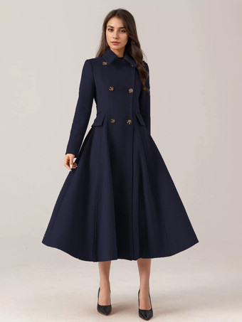 ダークネイビー女性用フレアウールブレンドコート レッド ターンダウンカラー ダブルブレスト エレガント 2025 冬アウター