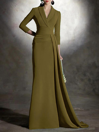 オリーブグリーンブライダルマザードレス Vネック 3/4丈 袖マーメイド プリーツ マキシレングス ゲストドレス 結婚式用