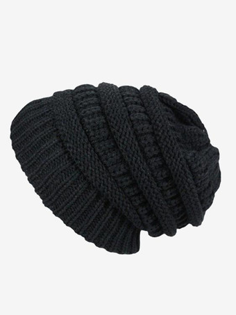 ブラック かぎ針編みキャップ ソリッドカラー ユニセックスキャップ 春秋冬用