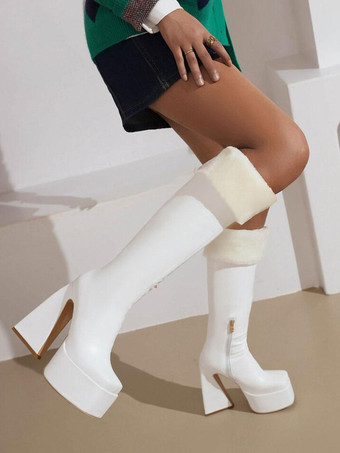 レディース ニーハイブーツ ホワイト プラットフォーム スクエアトゥ チャンキーヒール ウィンターブーツ