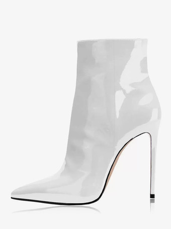 ホワイト レディース ハイヒール ブーティ ローズ ポインテッドトゥ アンクルブーツ