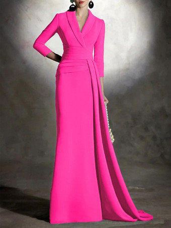 ローズレッドブライダルマザードレス Vネック 3/4丈 袖マーメイド プリーツ マキシレングス ゲストドレス 結婚式用