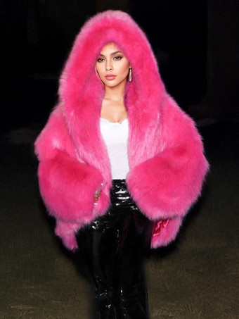 ローズレッドフード付きフェイクファーコート ハイローデザイン 冬用ジャケット レディース 2025