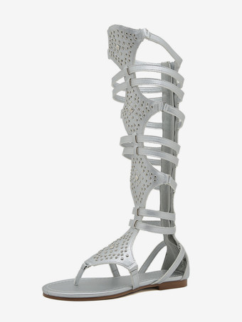 シルバー レディース グラディエーター サンダル シルバー リベット トング フラット グラディエーター サンダル