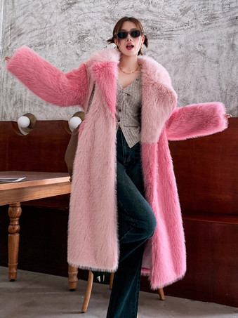 フェイクファーコート フロウ ウエストゴム 長袖 カラーブロック レースアップ レディースコート