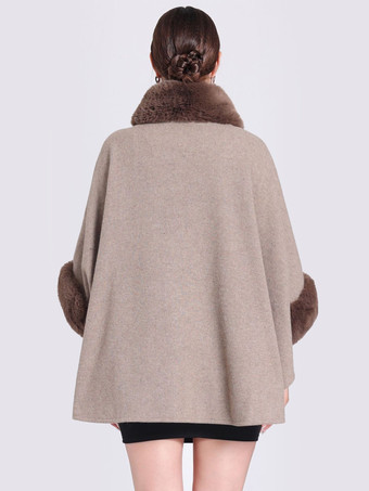 女性ポンチョハイカラーライトグレー特大フェイクファーケープ