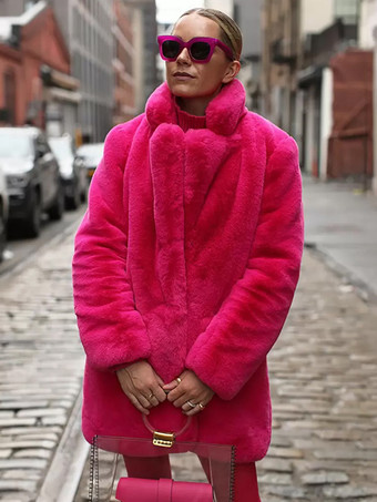 ローズレッドフェイクファーコート ノッチラペル 冬 シック エコフレンドリー ロングジャケット レディース 2025