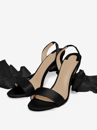 ブラック サテンハイヒールサンダル ホワイト レースアップ リボン ラウンドトゥ プロムシューズ アンクルストラップ ブライダルシューズ