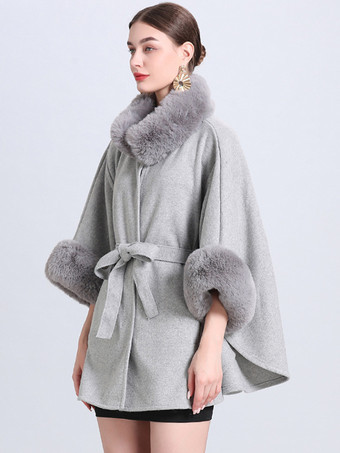 女性ポンチョハイカラーライトグレー特大フェイクファーケープ