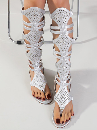 レディース グラディエーター サンダル シルバー リベット トング フラット グラディエーター サンダル