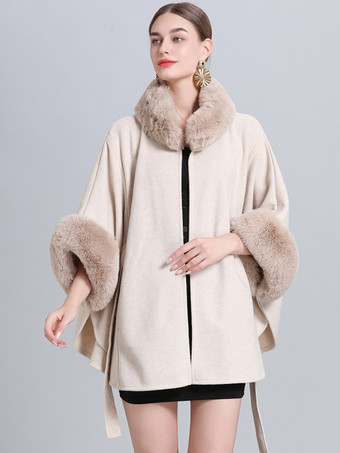 女性ポンチョハイカラーライトグレー特大フェイクファーケープ