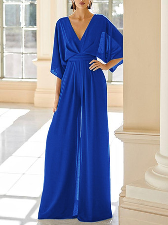 ダズリンブルーブライダルマザードレス Vネック ハーフスリーブ ジャンプスーツ ウェディングゲストドレス