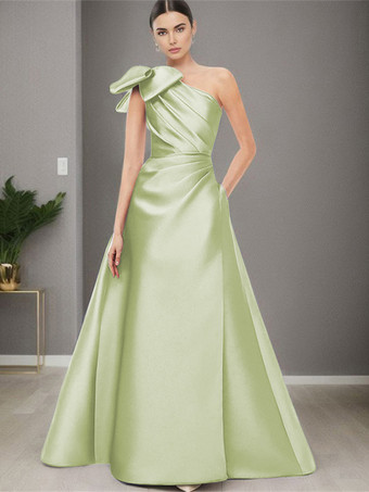 ライトグリーン ブライダルマザードレス ワンショルダー ノースリーブ Aライン リボン マキシレングス ウェディングゲストドレス