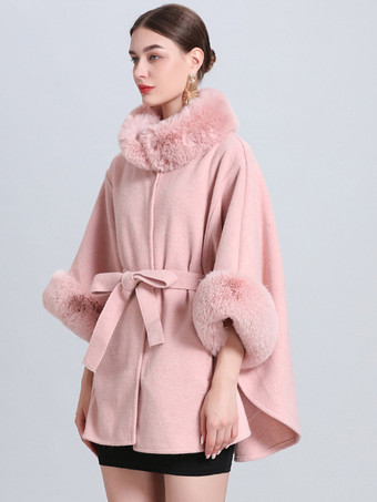 女性ポンチョハイカラーライトグレー特大フェイクファーケープ