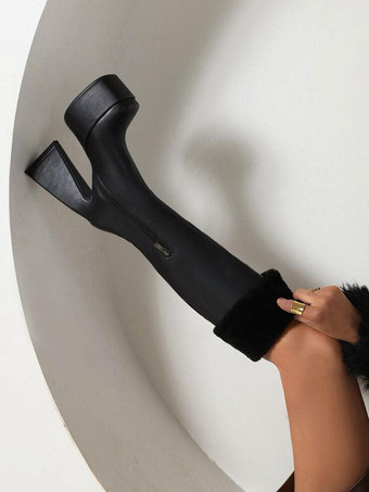 レディース ニーハイブーツ ホワイト プラットフォーム スクエアトゥ チャンキーヒール ウィンターブーツ