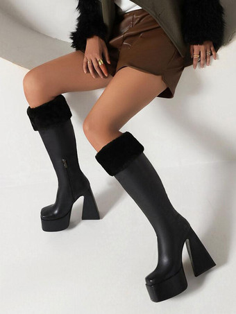 レディース ニーハイブーツ ホワイト プラットフォーム スクエアトゥ チャンキーヒール ウィンターブーツ