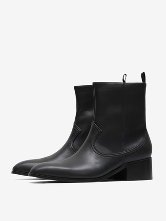 メンズブーツ チェルシーブーツ ブラックレザー スクエアトゥ アンクルショートブーツ