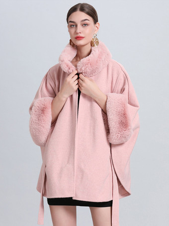 女性ポンチョハイカラーライトグレー特大フェイクファーケープ