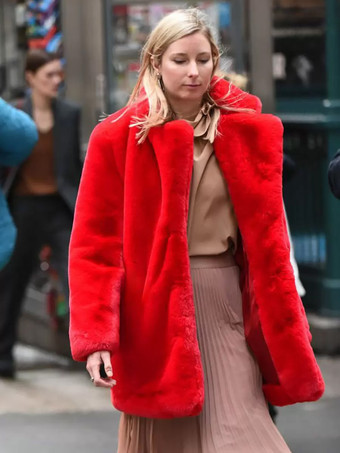 レッド フェイクファーコート ノッチラペル 冬 シック エコフレンドリー ロングジャケット レディース 2025