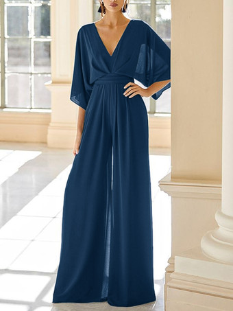 インクブルーブライダルマザードレス Vネック ハーフスリーブ ジャンプスーツ ウェディングゲストドレス