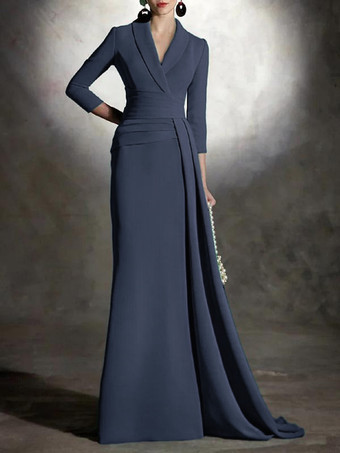 ダークネイビーブライダルマザードレス Vネック 3/4丈 袖マーメイド プリーツ マキシレングス ゲストドレス 結婚式用