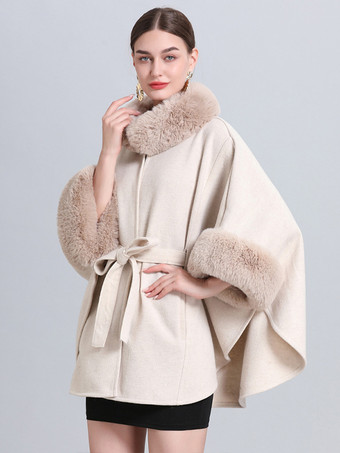 アイボリー 女性ポンチョハイカラーライトグレー特大フェイクファーケープ