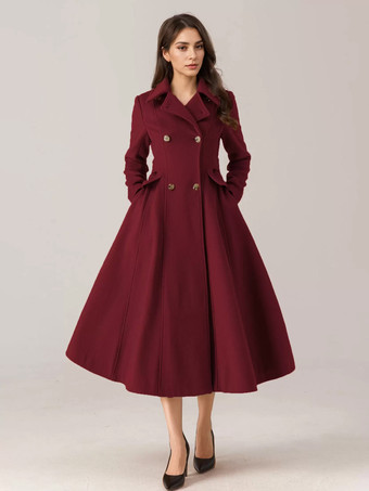 ワインレッド 女性用フレアウールブレンドコート レッド ターンダウンカラー ダブルブレスト エレガント 2025 冬アウター