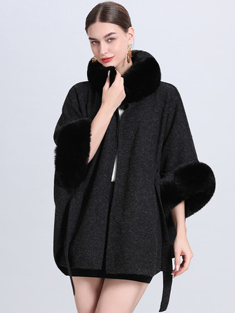 ブラック 女性ポンチョハイカラーライトグレー特大フェイクファーケープ