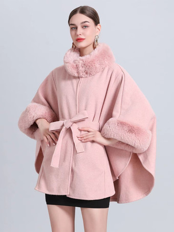 ピンク女性ポンチョハイカラーライトグレー特大フェイクファーケープ