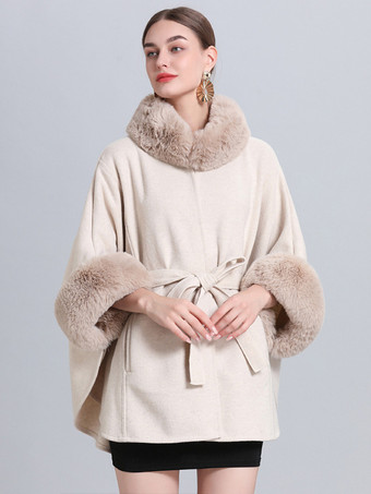 女性ポンチョハイカラーライトグレー特大フェイクファーケープ