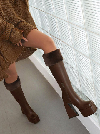 レディース ニーハイブーツ ホワイト プラットフォーム スクエアトゥ チャンキーヒール ウィンターブーツ