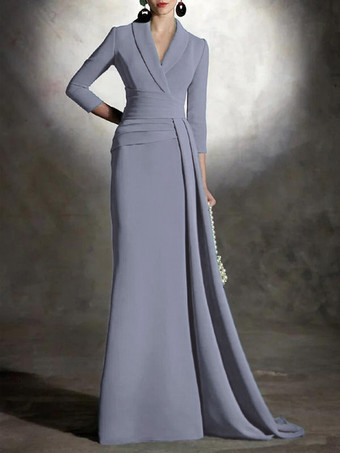 スレートグレー ブライダルマザードレス Vネック 3/4丈 袖マーメイド プリーツ マキシレングス ゲストドレス 結婚式用
