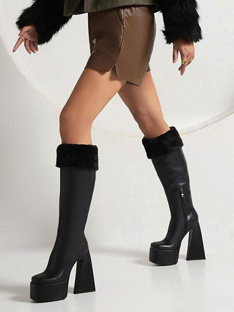 レディース ニーハイブーツ ホワイト プラットフォーム スクエアトゥ チャンキーヒール ウィンターブーツ