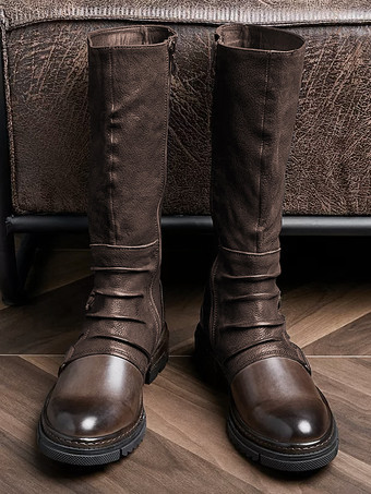 メンズニーハイブーツ 牛革 クラシックコーヒーブラウン ナイトブーツ