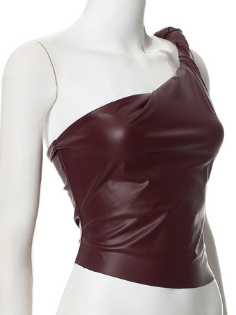 バーガンディ キャミトップ ワンショルダー PUレザー セクシー レディース キャミソール