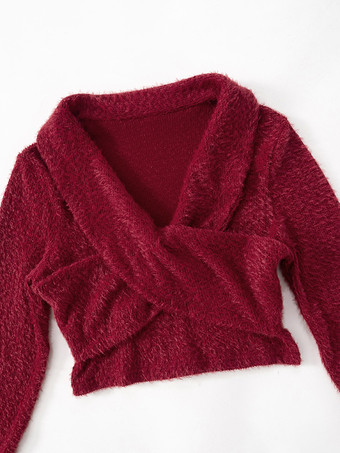 レディース プルオーバー レッド フェイクファー Vネック 長袖 フェイクファー セーター