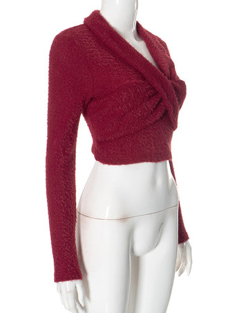 レディース プルオーバー レッド フェイクファー Vネック 長袖 フェイクファー セーター