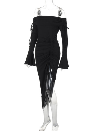 クラブドレス レディース バトーネック シック レースアップ 長袖 ポリエステル アシンメトリー ブラック セクシー ドレス