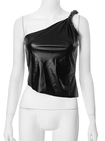 バーガンディ キャミトップ ワンショルダー PUレザー セクシー レディース キャミソール