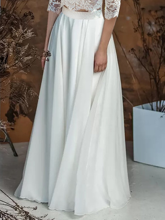 ツーピース ウェディングドレス レース レース ジュエルネック Aライン トレーン付き アイボリー ウェディングドレス 機能ボタン 七分袖 ブライダルドレス